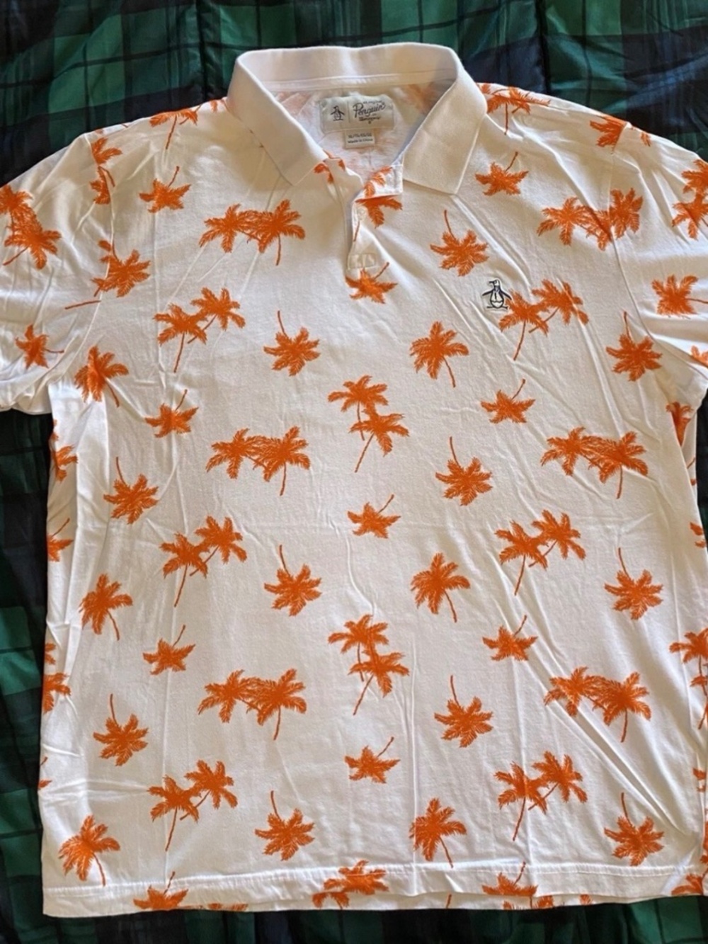Penguin Men’s polo Shirt palm trees XL slim fit White Orange